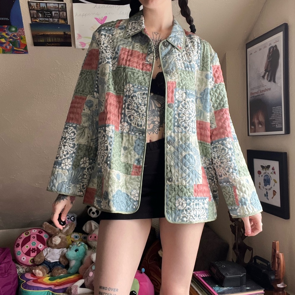 Earthy Floral Silk Patchwork Jacket - image 5